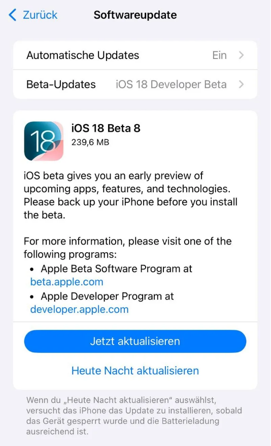 来安苹果手机维修分享苹果 iOS / iPadOS 18 开发者预览版 Beta 8 发布 